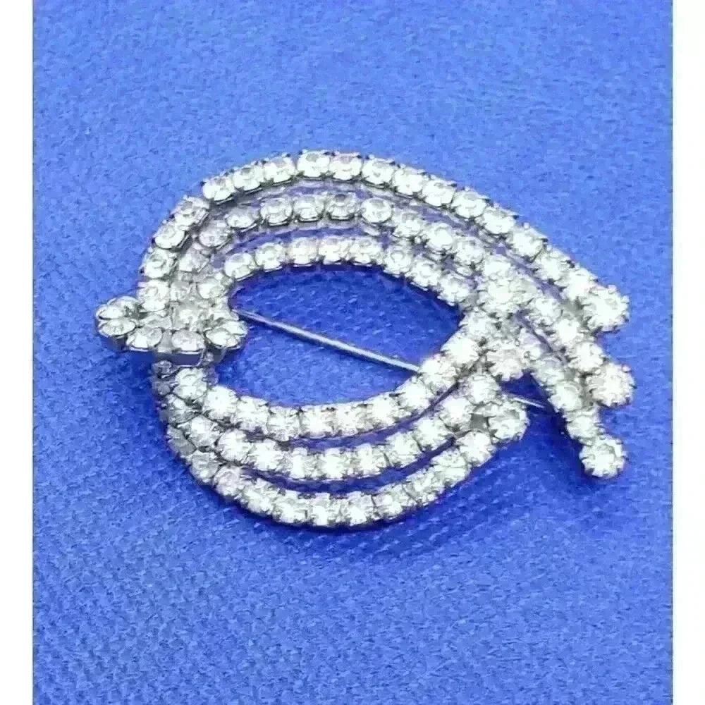 Vintage Brooch Clear Rhinestone Leaf Bow Wedding Party